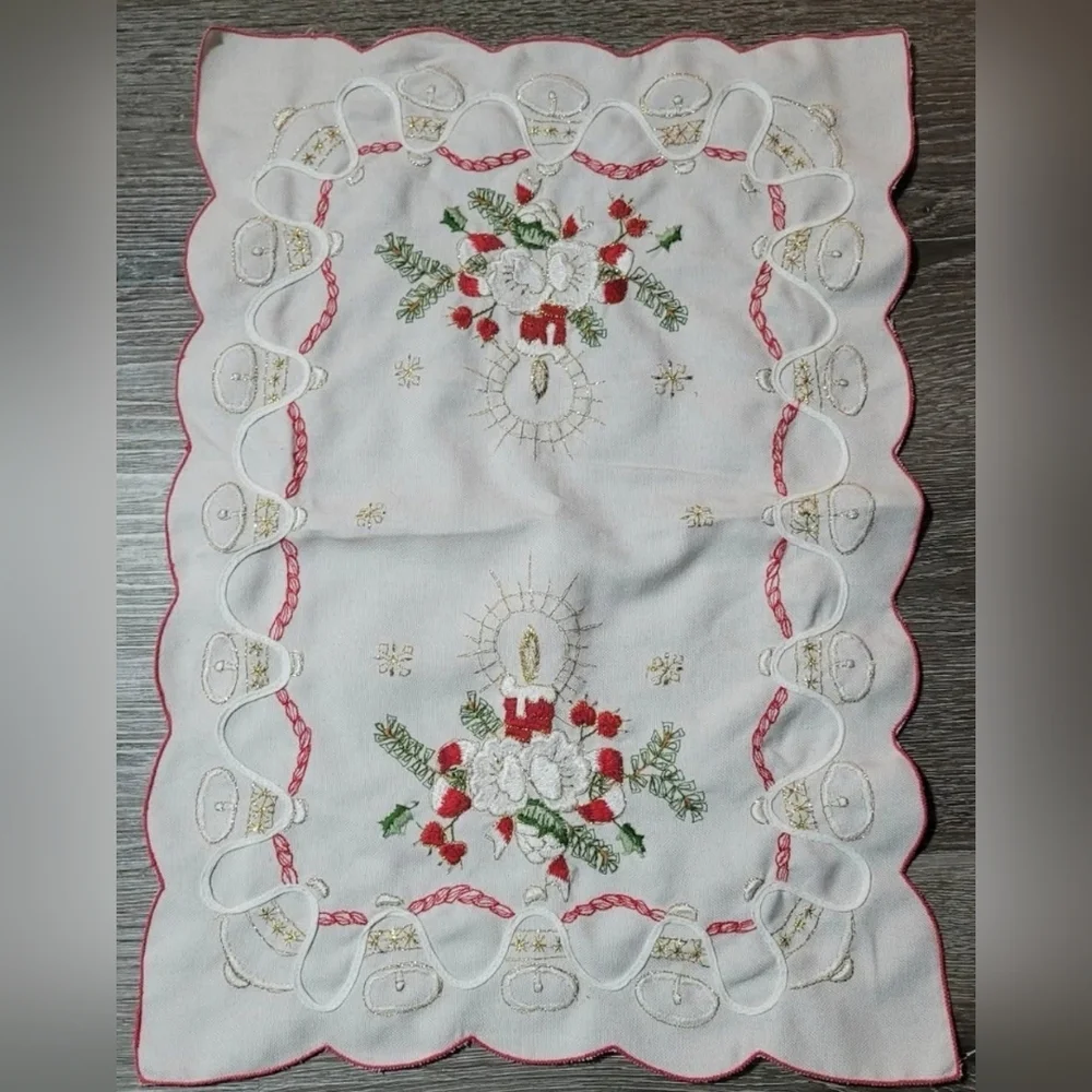 Vintage Embroidered Christmas table mat placemat tray mat candle and Holly